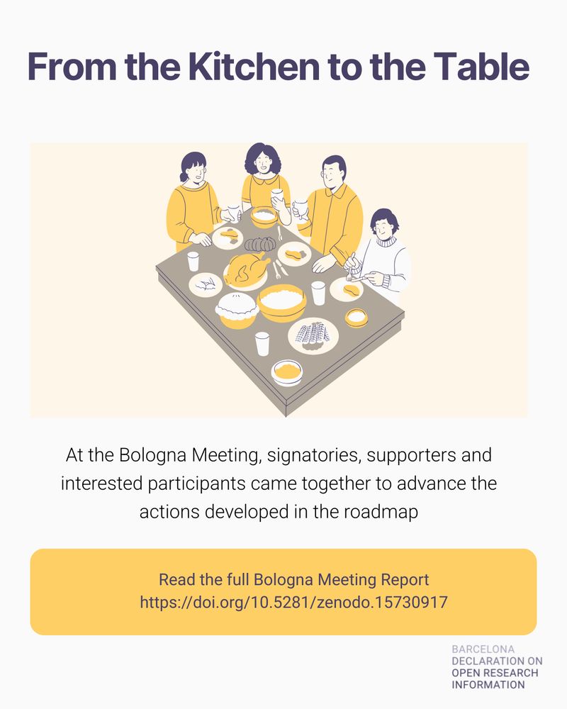 Illustration with the title "From the Kitchen to the Table". Five people sit around a dinner table filled with various dishes, symbolizing collaboration and sharing. Below, text explains that at the Bologna Meeting, signatories, supporters, and participants advanced actions in the roadmap of the Barcelona Declaration. A yellow button invites readers to access the full Bologna Meeting Report via a Zenodo link.