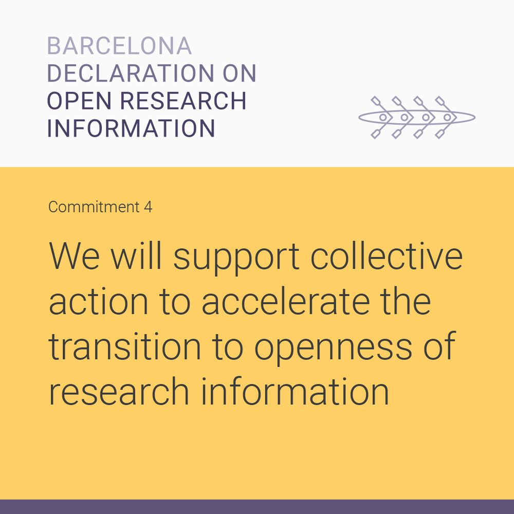 Barcelona Declaration on Open Research Information - Commitment 4: We will support collective action to accelerate the transition to openness of research information

[text on white-yellow-purple background with icon of 4 people rowing a boat]