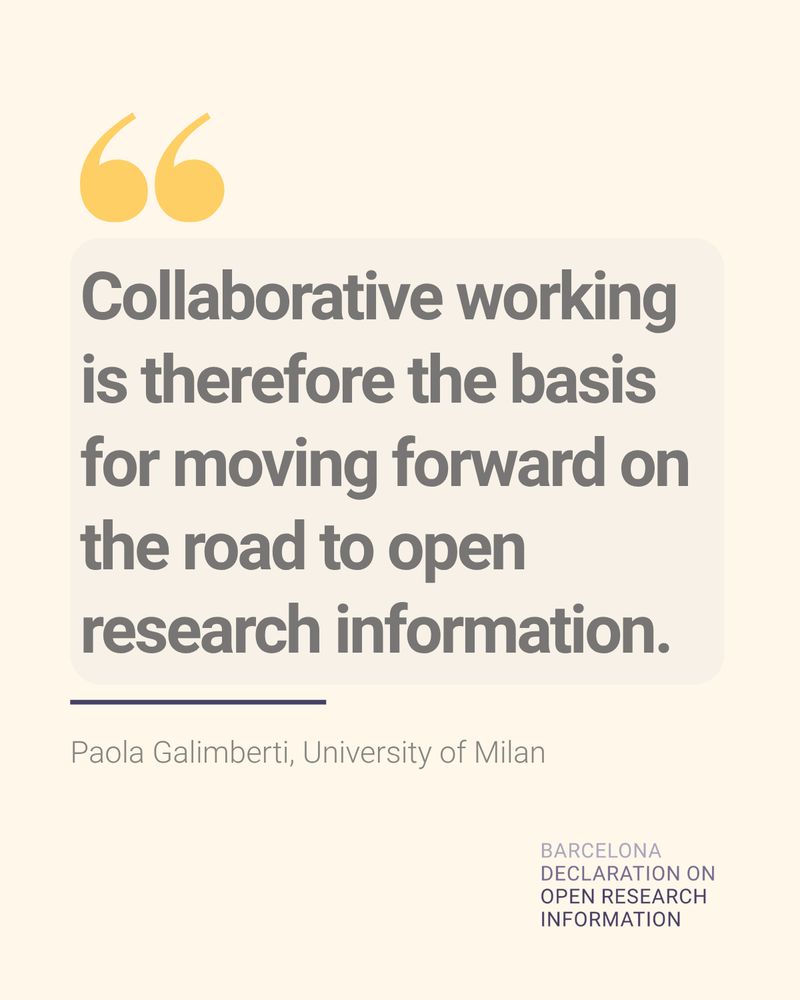Quote by Paola Galimberti from the University of Milan: “Collaborative working is therefore the basis for moving forward on the road to open research information.” The design includes large yellow quotation marks and the Barcelona Declaration logo.