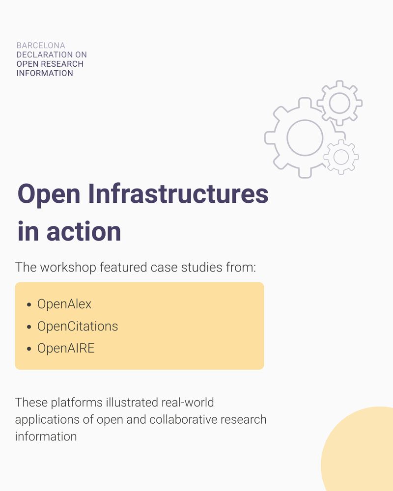 Slide with the title “Open Infrastructures in action”, highlighting case studies from OpenAlex, OpenCitations, and OpenAIRE. Decorative gear icons are shown on the side.