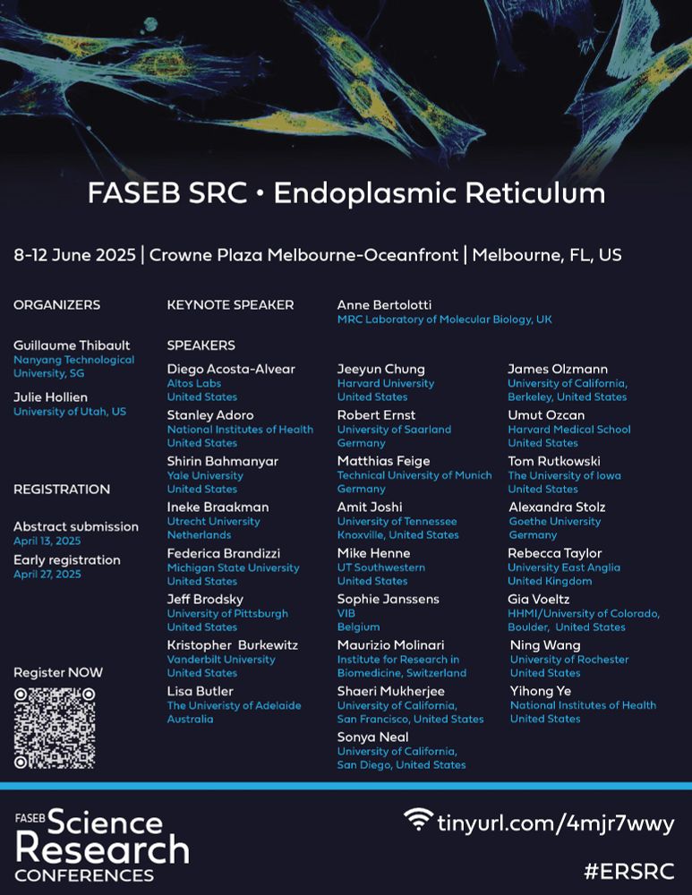 Poster for FASEB Endoplasmic Reticulum 2025 Conference to be held 8-12 June 2025 in Melbourne, Florida. The poster includes the invited speakers
