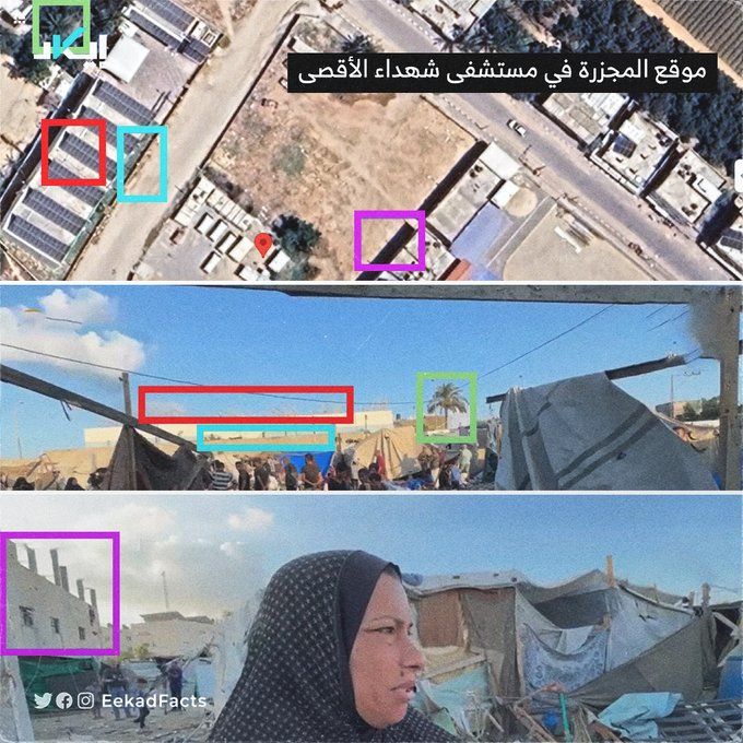 Imagens marcadas pelo ICAD, plataforma de investigação Open Source, que seguiu os clipes transmitidos por ativistas do local do massacre e identificou pontos de referência neles, mostrando o local alvo perto do Hospital dos Mártires de Al-Aqsa, localizado no Bloco 128, dentro das áreas que os israelenses afirmam serem seguras e para onde os deslocados são encaminhados.