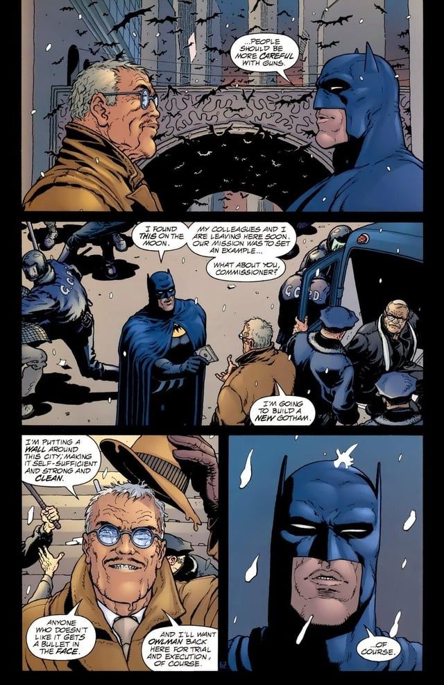 A mirror universe Commisioner after freeing Gotham from the tyrannical Owlman wants to be its newest tyrant, much to Batman's surprise 