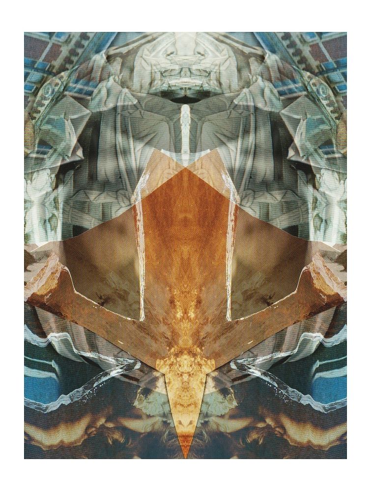 Symmetrical, photographic,  digital-darkroom, deep amber in centre creates sense of an entity, echo of a building, grey sculptural, warm tones of chocolate, rust, toffee, with geometric lines and forms, familiar yet uncertain source images, combined in harmonic balance with a hint of the mystical or esoteric.