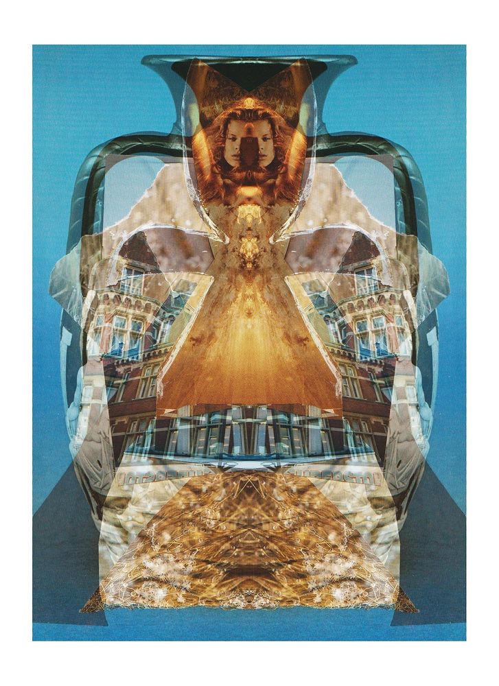 Symmetrical photograph digital art, warm tones of chocolate, rust, toffee, with geometric lines and forms, familiar yet uncertain source images combined with a hint of the mystical or esoteric 