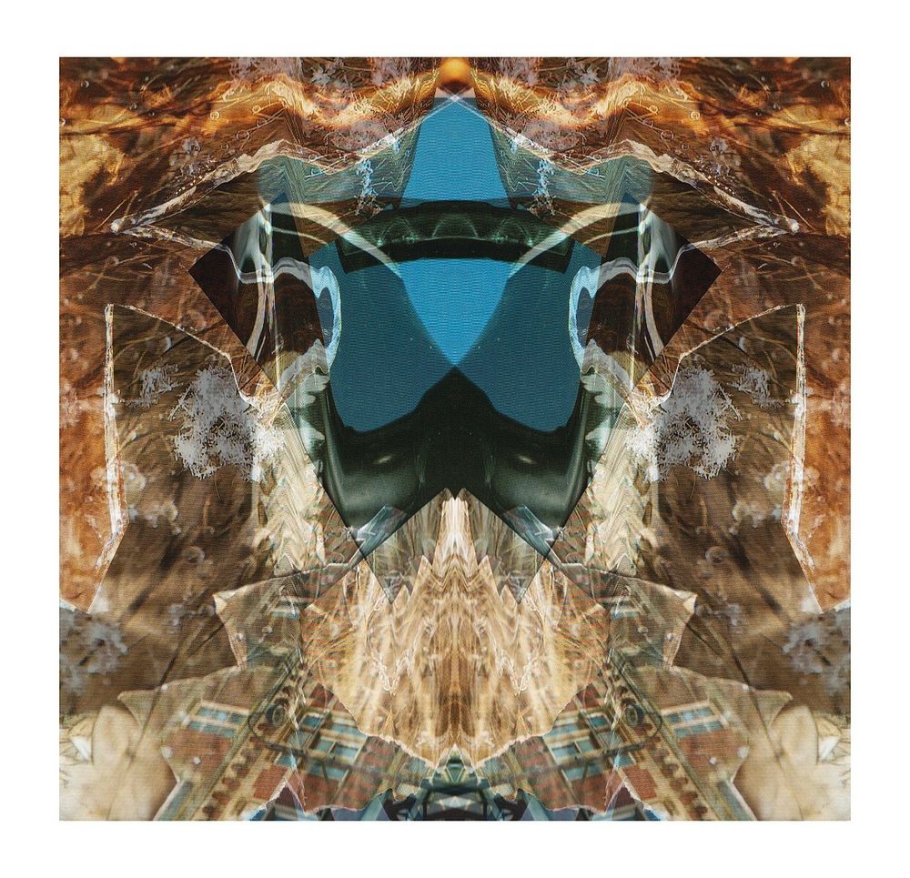Symmetrical, photographic,  digital-darkroom, deep teal in centre creates sense of an entity, with thick facial hair from golden threads, warm tones of chocolate, rust, toffee, with geometric lines and forms, familiar yet uncertain source images, combined in harmonic balance with a hint of the mystical or esoteric 