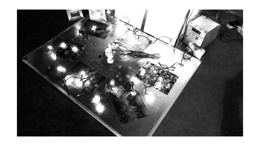 black and white photo of flowers and lights on a flat board with coins and other items, a strong light from top washes out the tones, a stereo is present, obscure high contrast scene