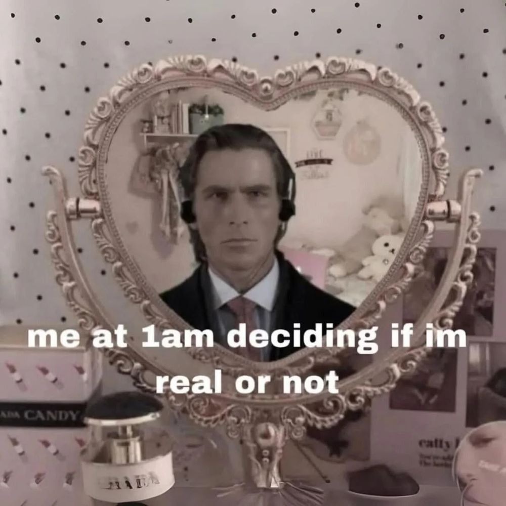 Meme of a guy (Bill Nye? I honestly don't know but he kinda looks what I remember Bill Nye looking like) staring into a mirror with text that says "me at 1am deciding if I'm real or not". 