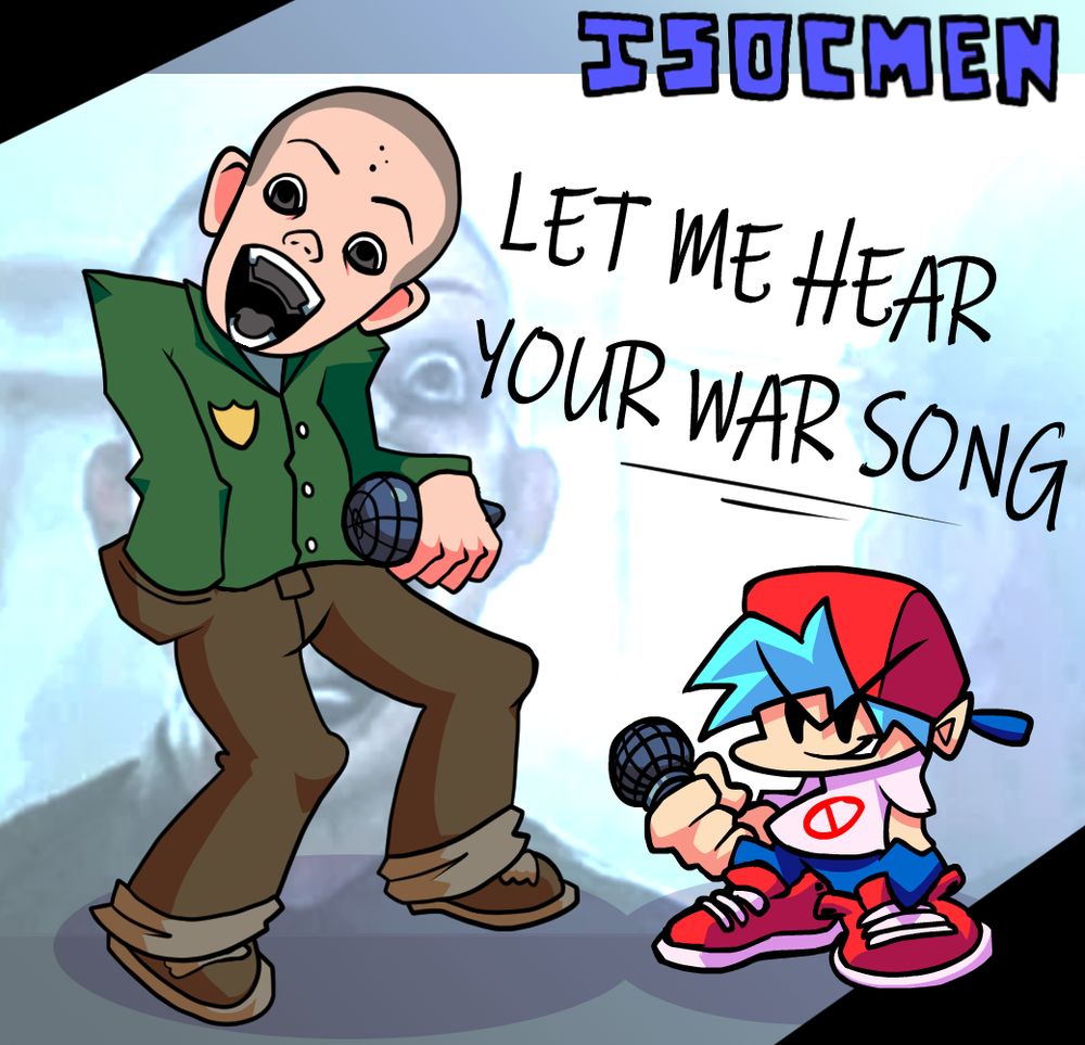 The character from the Youtube video "Let me hear your war cry" as a Friday Night Funkin' character