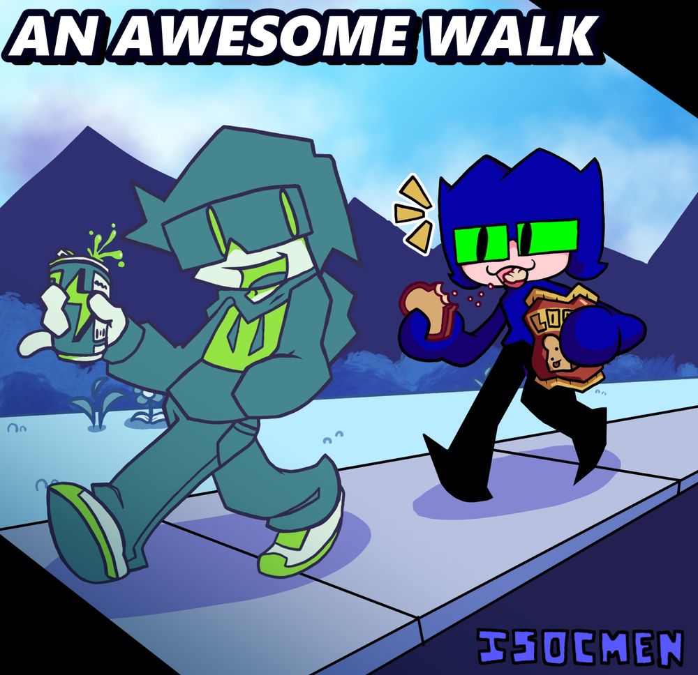 A drawing of two of my OCs Jeremiath (The Green Guy) and Jeremy (The blue Guy) walking while having a snack, Jeremiath is drinking an Energy drink while Jeremy eats a loaf of bread