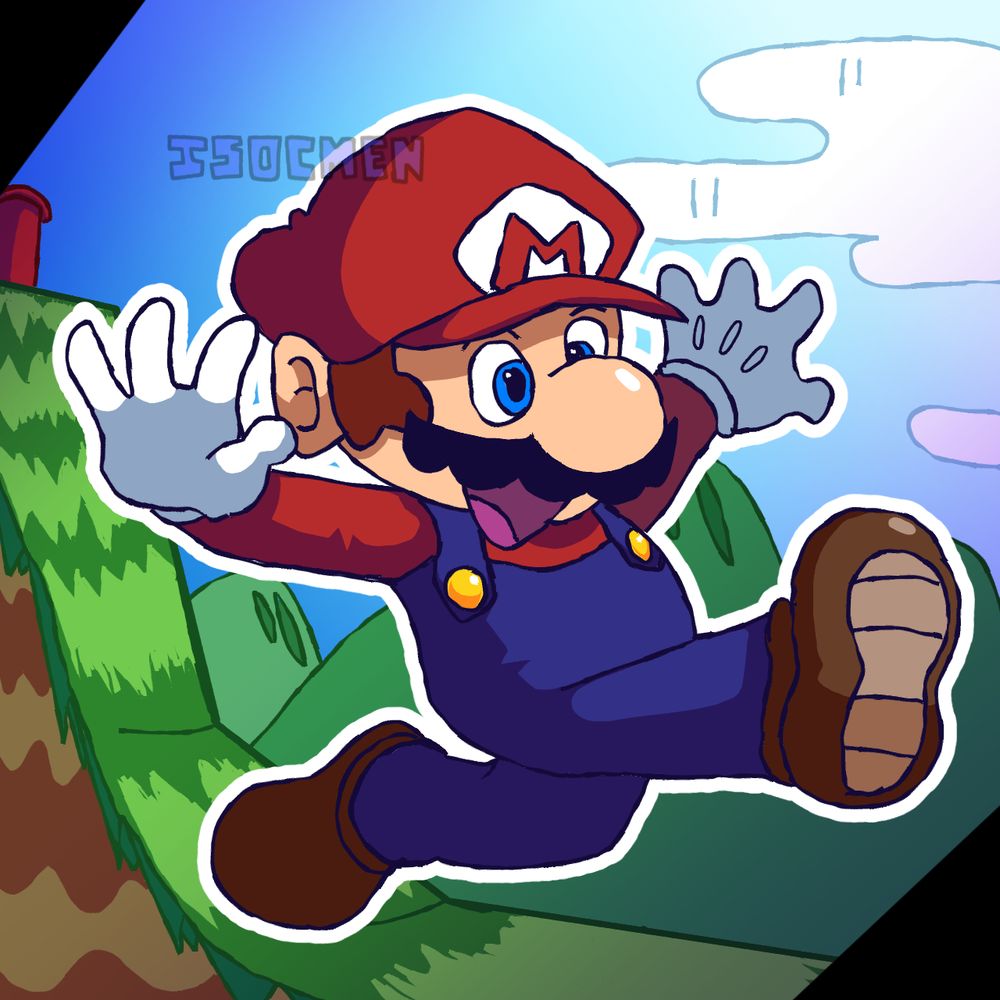 A drawing of Mario from the hit game Super mario bros for the nintendo switch family of systems running and jumping