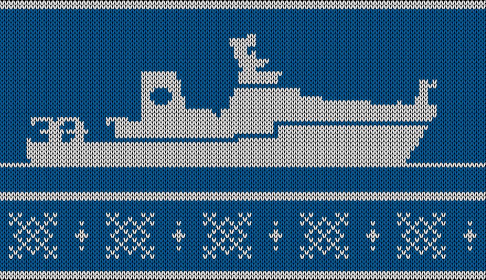 A knitted pattern design featuring a white ship on a blue background. The vessel has detailed outlines, including a cabin, smokestack, and a lifeboat at the rear. It's intended to resemble the research vessel Sonne. The bottom section of the pattern includes decorative geometric motifs, resembling traditional Scandinavian designs, bordered by horizontal lines. The overall style mimics the texture of a knit sweater.
