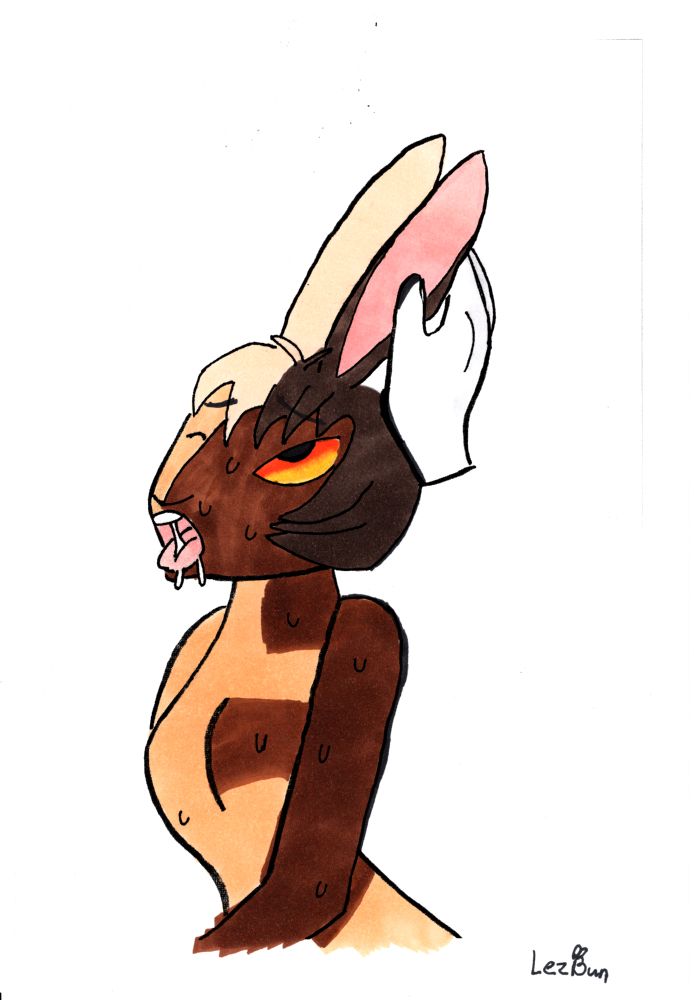An anthropomorphic rabbit makes an erotic face as her ear is rubbed by a hand