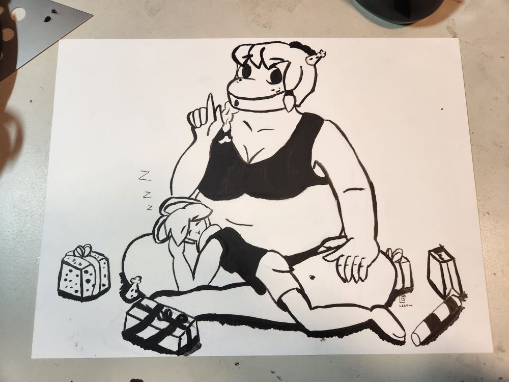 A rabbit girl sleeps in the lap of a large chubby shark woman.