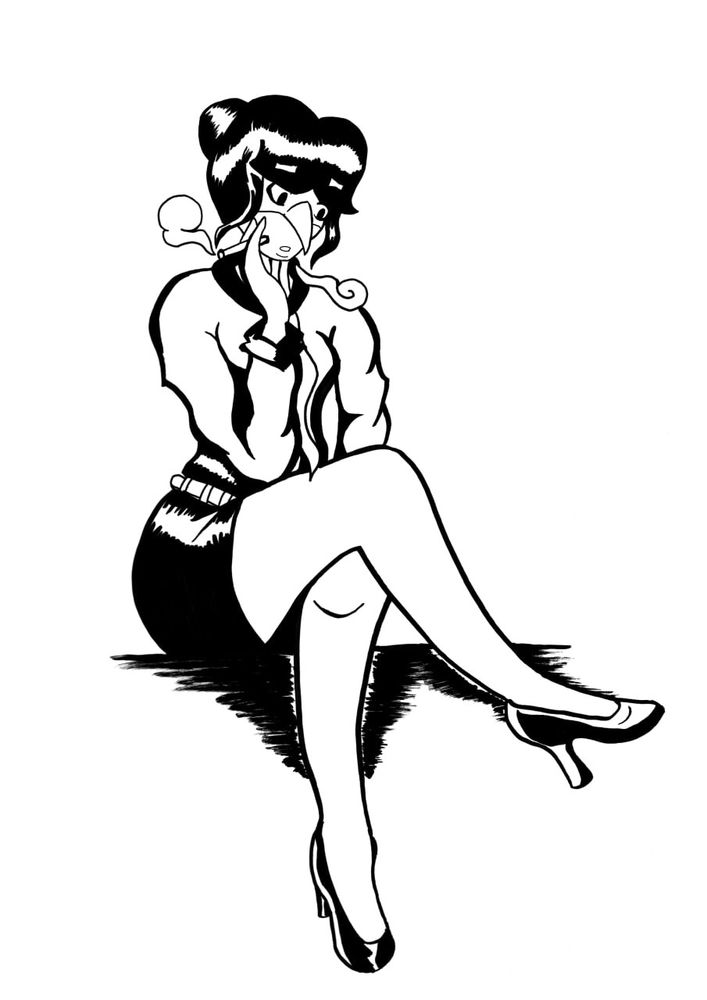 A woman in office attire and a bird mask smokes a cigarette alone