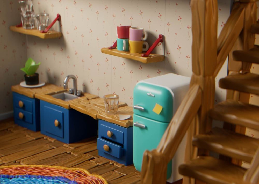 closeup of house details; kitchen, fridge… I forgot to make an oven. whoops.