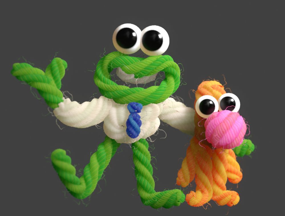 a green yarn dude, in a shirt and tie, next to a nervous, orange yarn dude with a big pink nose.