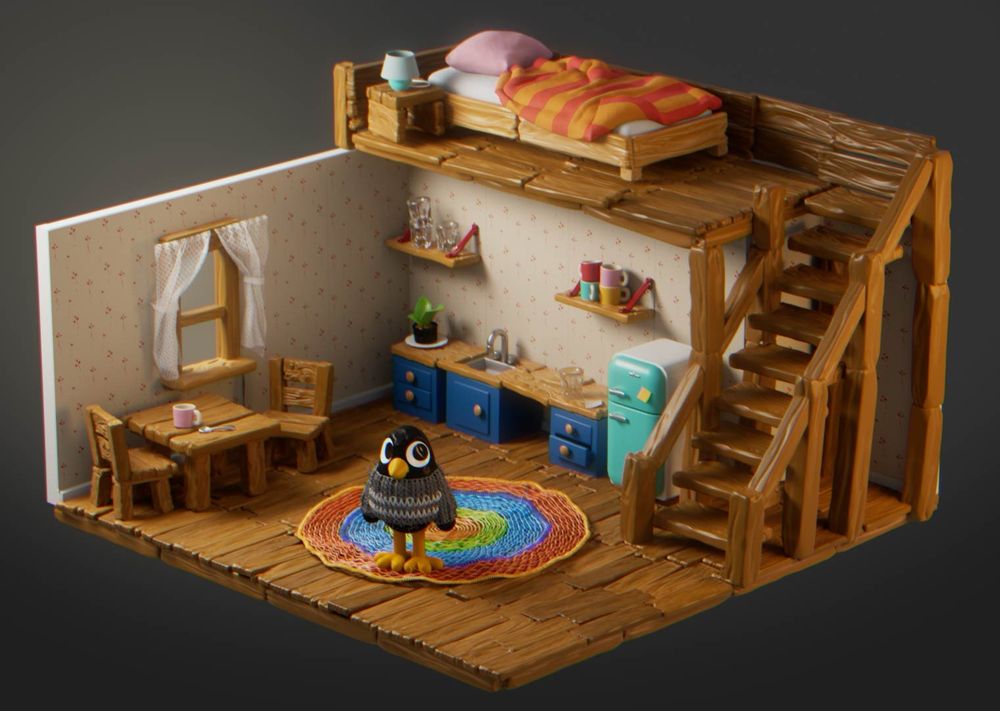 3d cartoony black bird in his house