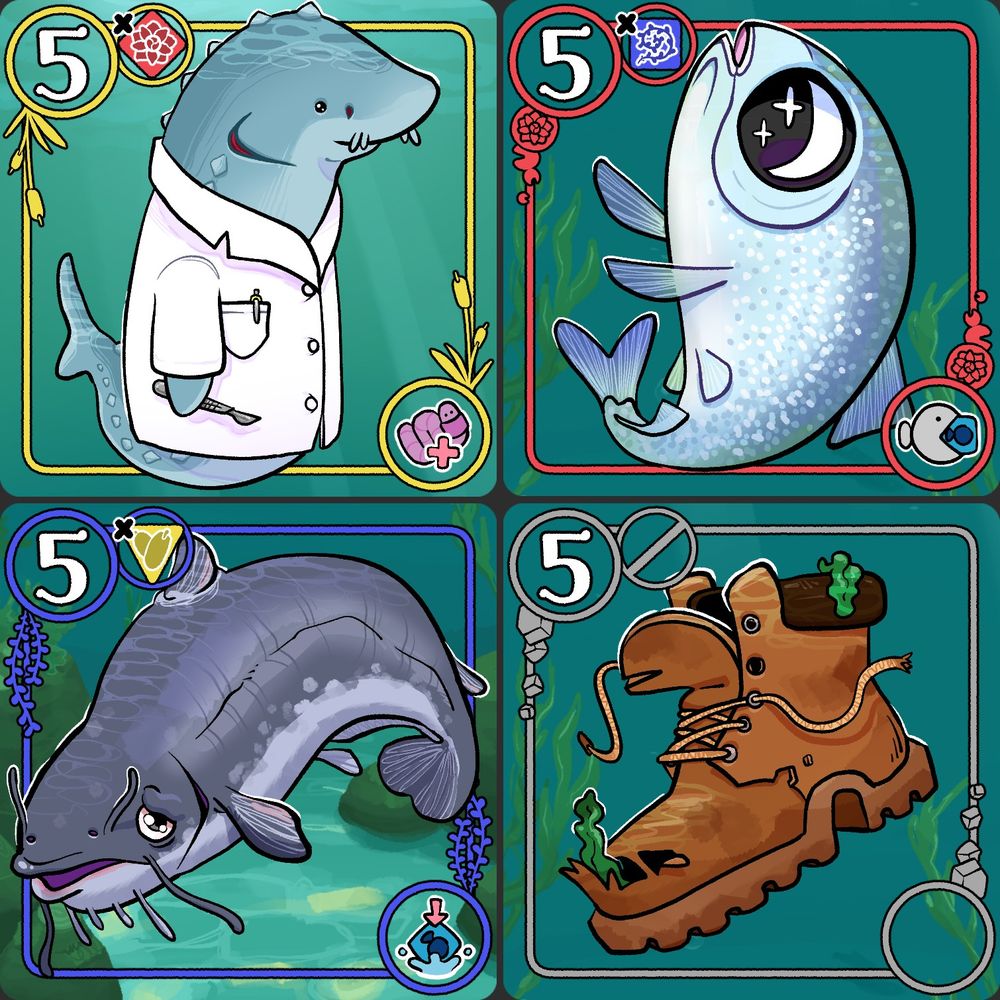 3 Fish 1 Boot Trading Card Game. One is a Sturgeon in a surgeon outfit. Another is a Mooneye fish so the eyes have a moon in them. The last is a Blue Catfish and it looks sad. And then a boot. Please help I am being held captive by fish and they are forcing me to draw them.