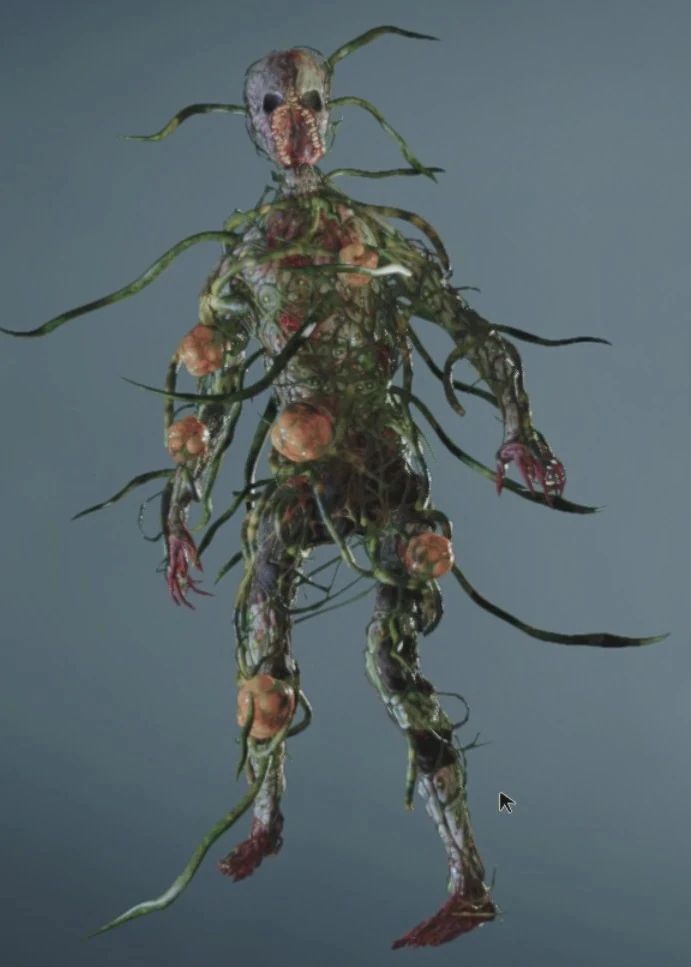An ivy monster from Resident evil 2 remake. A zombified/reanimated corpse covered in vines, with several plant-growths on the body.