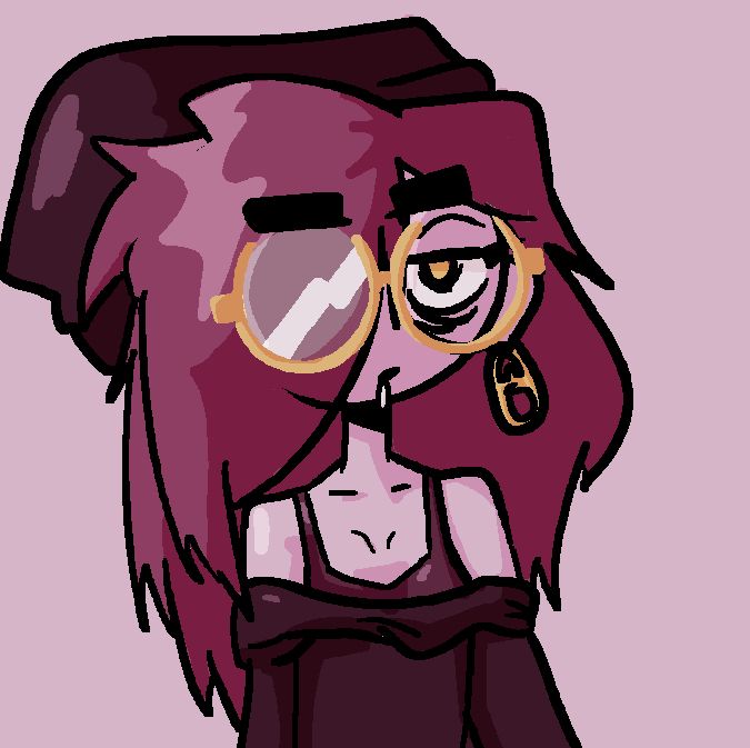 2d drawing of a person with gold glasses, bottle tab earring, and beanie.