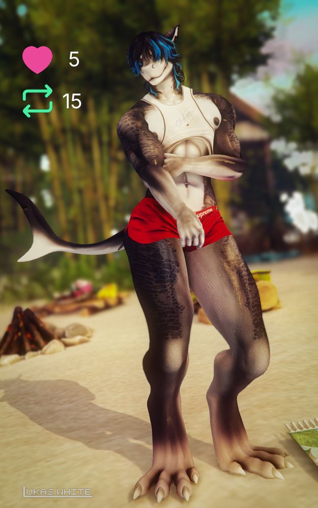 A muscular anthropomorphic shark stands on a beach. He's wearing tight red shorts and a white tank-top that doesn't properly cover much of anything. He has long black hair with blue streaks styled in a wolf cut. Icons and text on the image indicate that the next shot will be revealed at 5 likes and 15 reskeets.