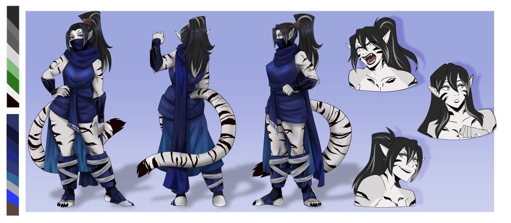 Character sheet of a white tiger catgirl named Kaori. This one is wearing a blue ninja-like garment with a wrapped mask over her lower half of her face. There's head shot expressions drawn to the side.