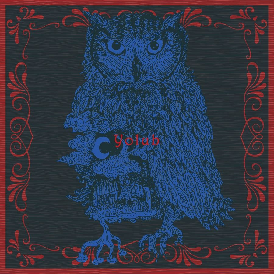 黒地に青色の梟の細かいイラスト。