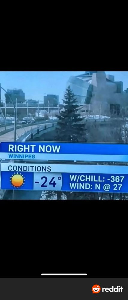 A photo of the Winnipeg news network that lists -24 C as the weather...

And -367 C with windchill