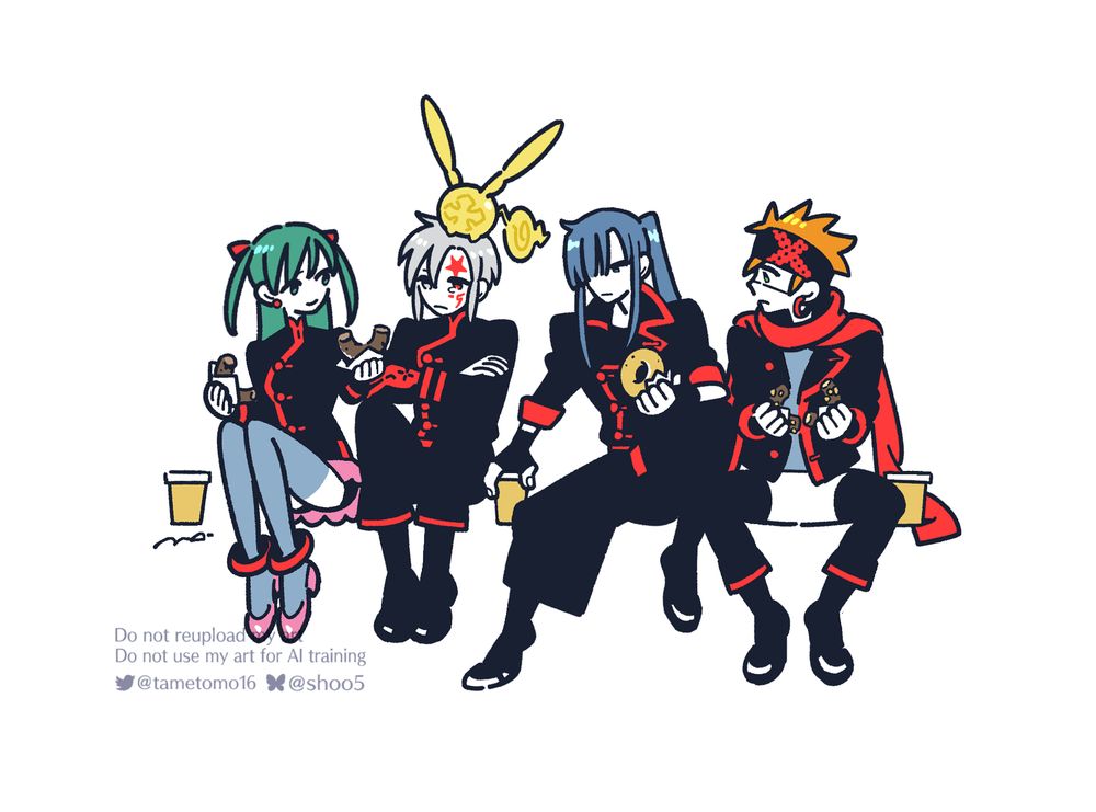 漫画『D.Gray-man』のファンアート。
向かって左からリナリー・リー、アレン・ウォーカー、神田ユウ、ラビ、のデフォルメイラスト。
アレンは落ち込んでる様子で、リナリーとラビは自分の持っているドーナツを半分にしてアレンに渡そうとしています。神田は半分にはしていませが、アレンの傍らにコーヒーを置いています。
