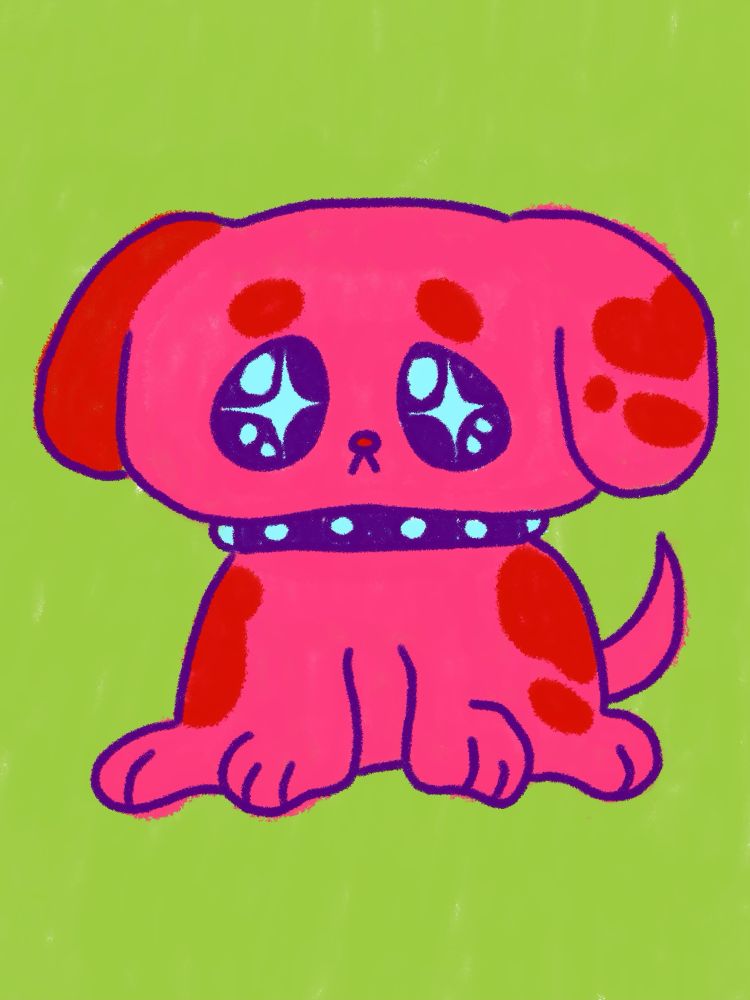 Illustration of a pink doggy with red spots on a green background (I drew him) 