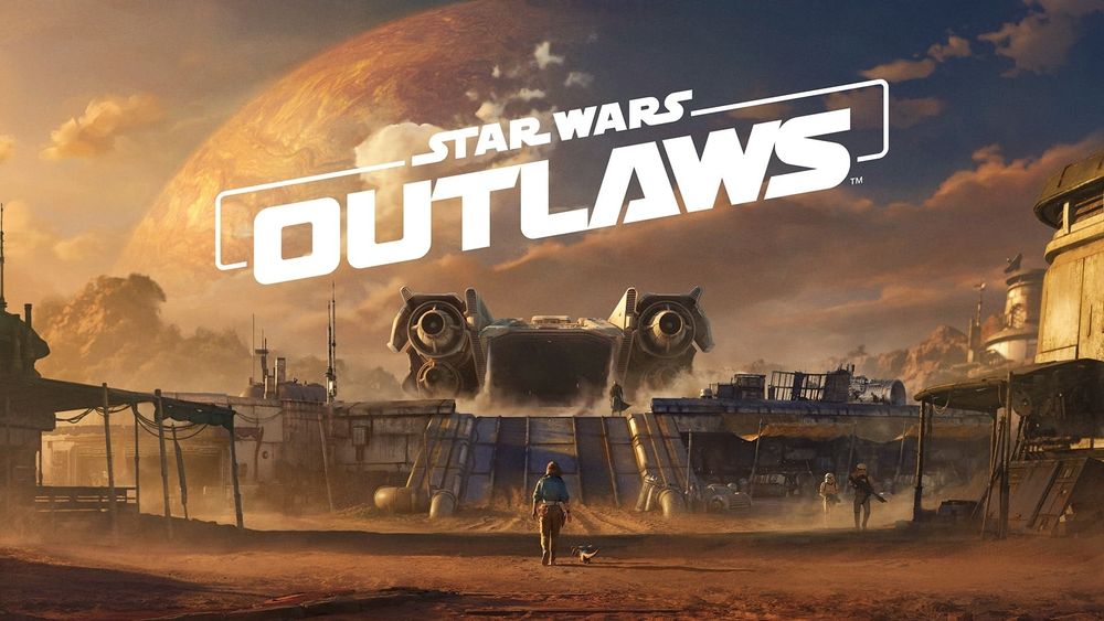 Star Wars Outlaws promotional image. Main character Kay Vess and her pet Merqaal Nix walking towards their ship, the Trailblazer.