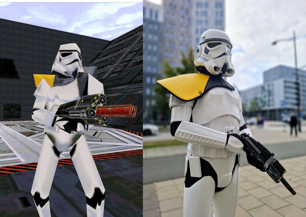 Picture of a Field Stormtrooper from the video game Dark Forces II: Jedi Knight, and of me cosplaying it. 