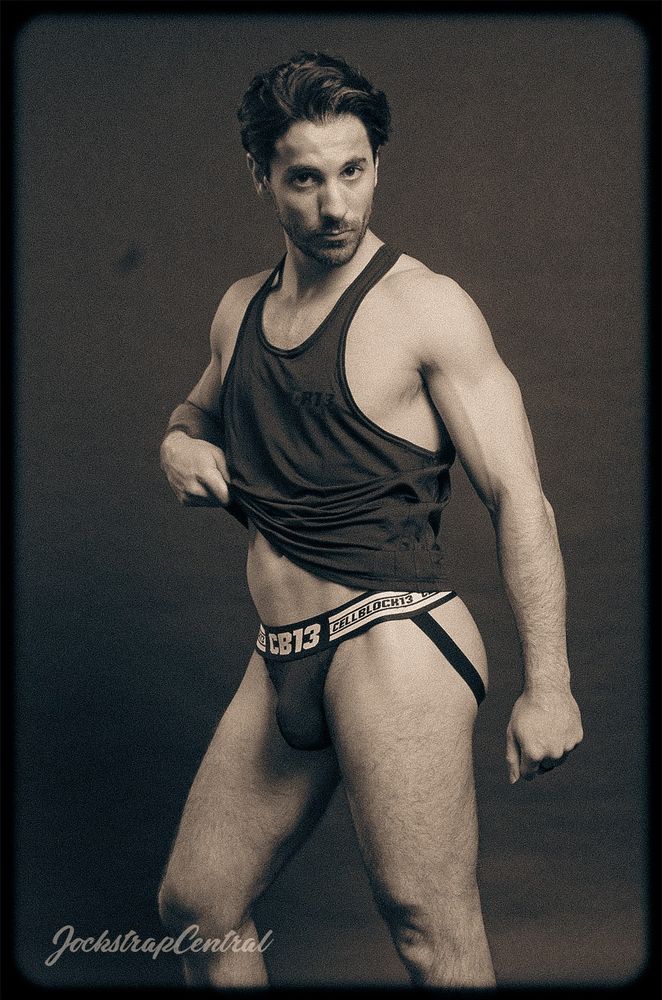 Jockstrap Central model Paul Codi in a Cellblock 13 jockstrap and tanktop