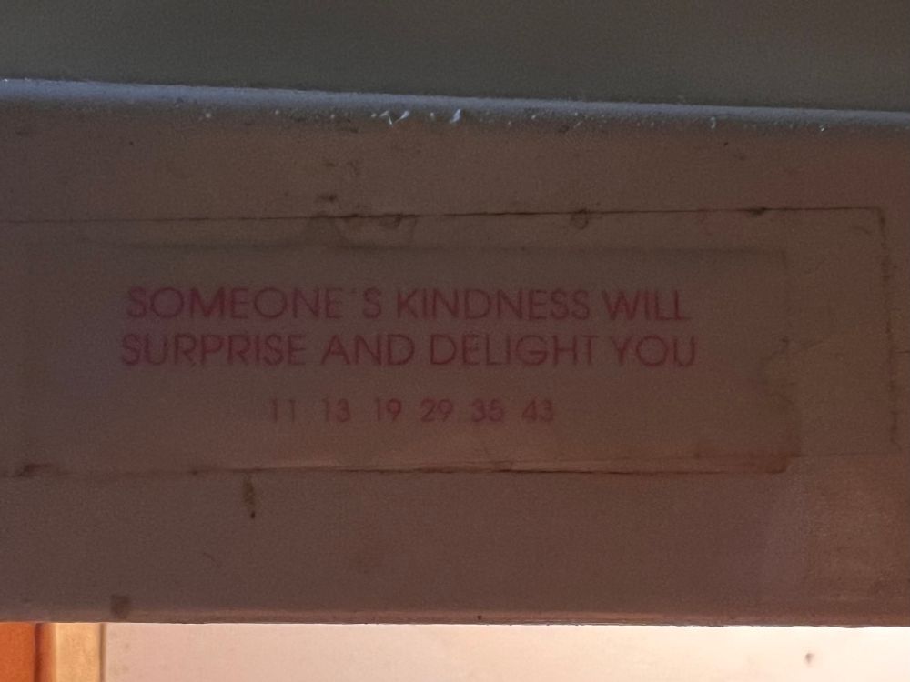 Third cookie paper reads “Someone’s kindness will surprise and delight you” 