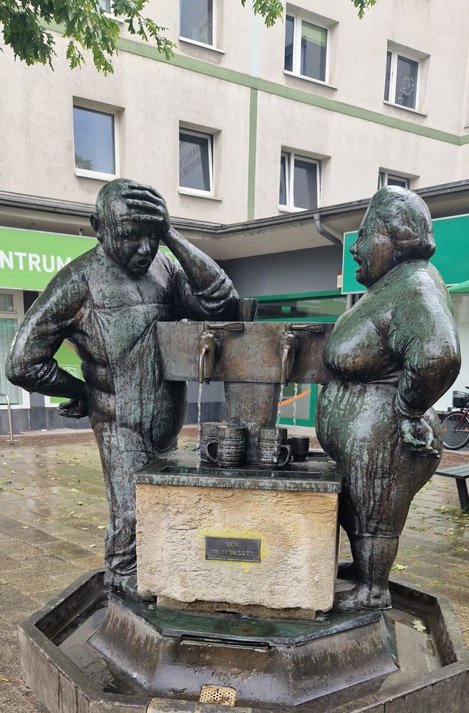 A humorous bronze fountain sculpture featuring two life-sized figures, a man and a woman, standing on either side of a large water basin with mugs beneath small spouts. The man appears frustrated, holding his head in one hand, while the woman looks sternly at him. A sign on the fountain reads “Kein Trinkwasser” (No drinking water). The scene is set on a wet pavement in front of a building with green signage.
