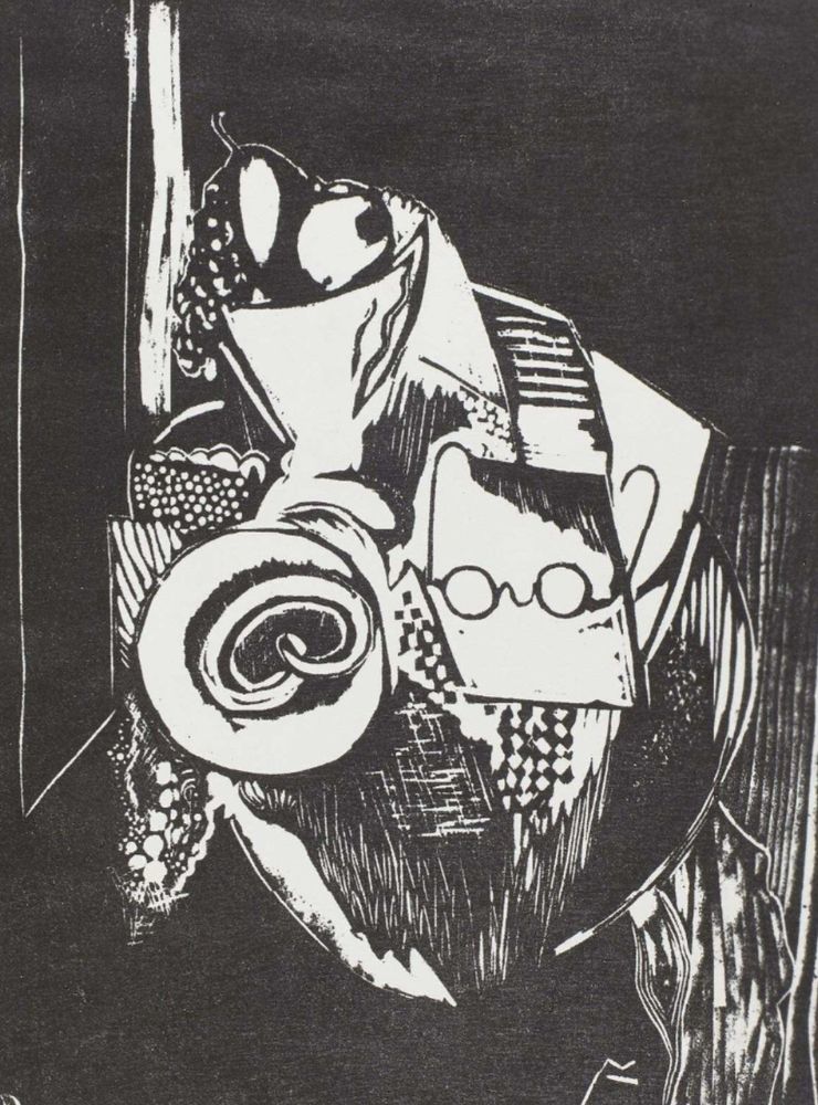 Black-and-white artwork depicting a still life with a pretzel, a pair of glasses, fruit, and folded cloths arranged abstractly. Artist: David Petrowitsch Shterenberg 
