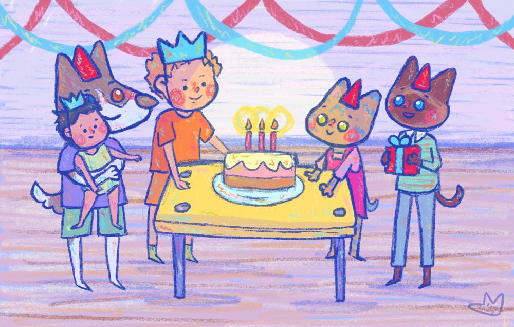 An illustration of a birthday party. There’s a cake with three candles on it on a table and around it a boy, two cats (tabby and siamese) and a dog (husky) holding a baby, they are wearing party hats and crowns and one of the cats is holding a present.