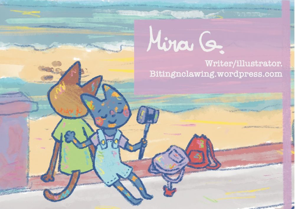 Two cats sitting by the shore. One of them, a Siamese, is looking at the sea, the other, a tortoise cat, is facing the other way and taking a selfie with her mobile on a selfie stick. They have their bags next to them. Text says: Mira G. Writer/illustrator. Bitingnclawing.wordpress.com