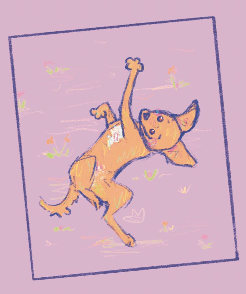 An illustration of an orange dog lying with her back on the grass, ready for belly rubs.