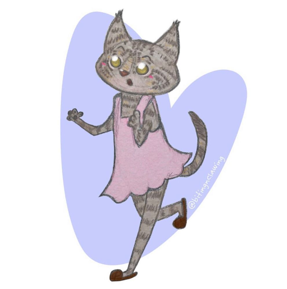 Illustration of a tabby cat wearing a pink dress and sleepers.