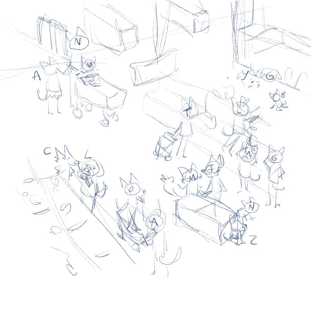 Sketches of the previous illustration. I wrote the initials of each of my pets while I was deciding what to do with each one.