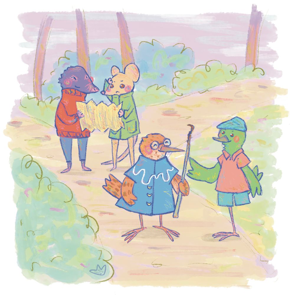 An illustration of a wren, a green bird, a mole and a mouse. They are in a forest, the wren is talking to the other bird, probably asking for directions, while the mole and the mouse are behind them looking at a map
