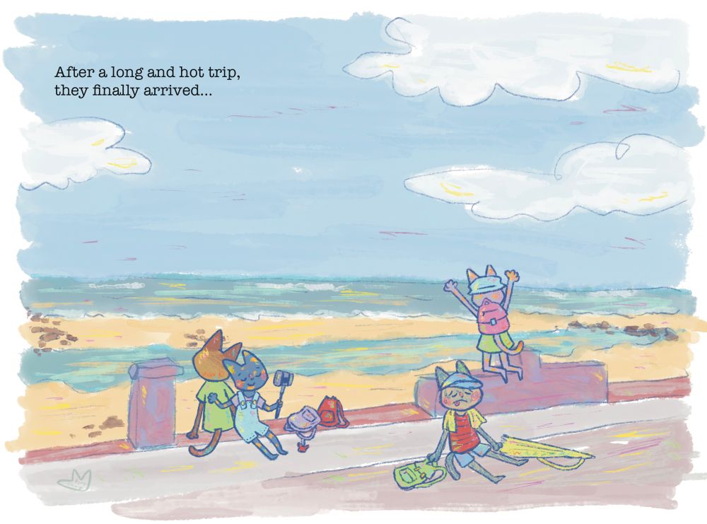 A double page illustration of four anthro cats arriving to a beach. The text says “After a long and hot trip, they finally arrived…“ Two cats are sitting on a bench, one of them is looking at the water, the other looking opposite and holding a selfie stick. Another cat is sitting on the floor and looking exhausted, the last one is on top of a bench with her arms up in excitement. We can see the beach in the background.