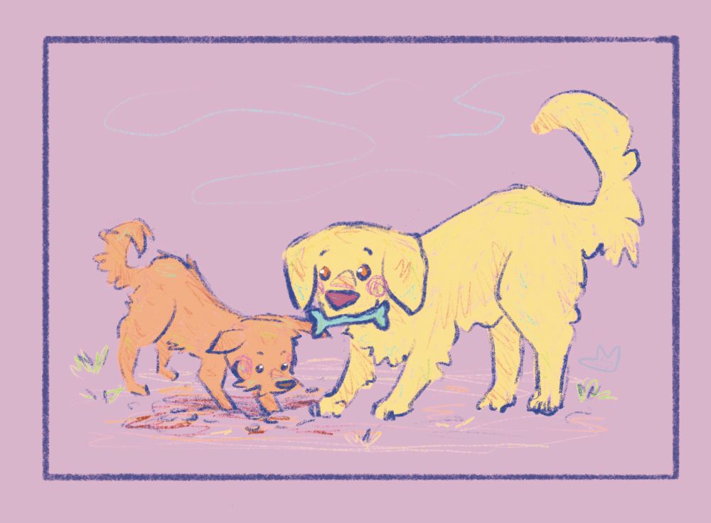 Illustration of two dogs, one brown and small is digging a hole and the other big and golden is holding a bone next to him.