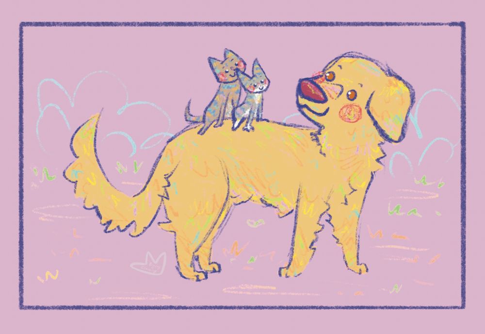 An illustration of a golden retriever carrying two little tabby kittens on her back.