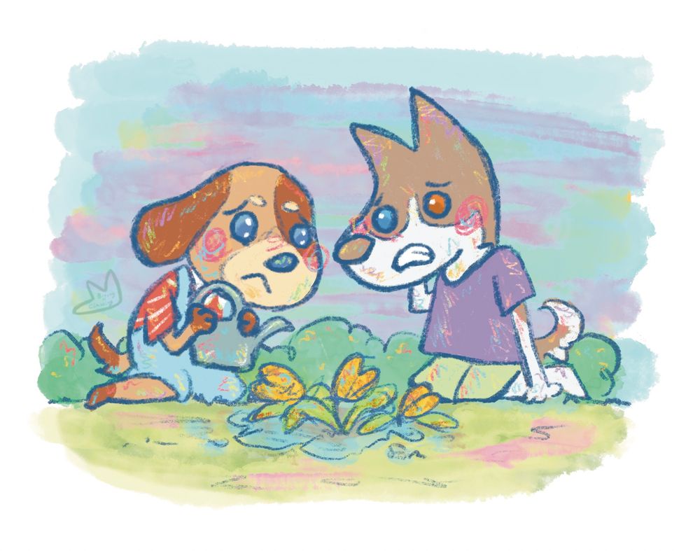 An illustration of two dog gardeners struggling to look after some tulips. Animal crossing style.