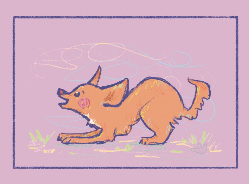 An illustration of an orange dog in play bow position.