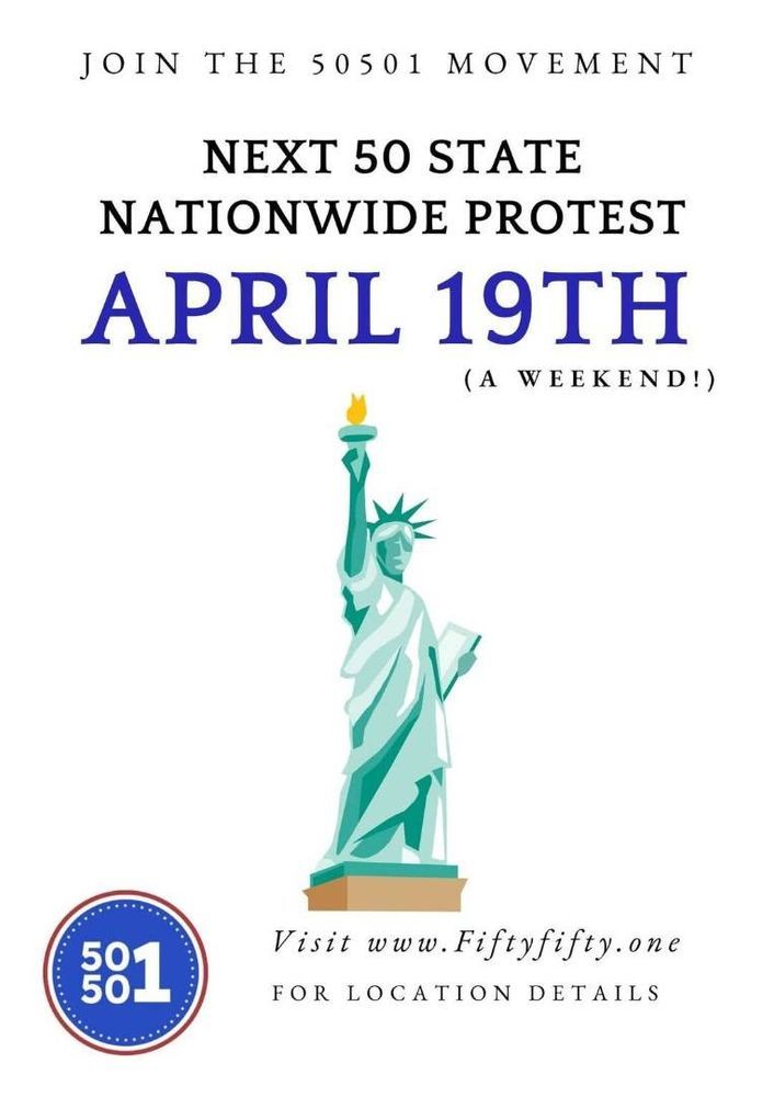 Join the 50501 movement

Next 50-state nationwide protest on April 19th (A weekend!)

Visit www.fiftyfifty.one for location details