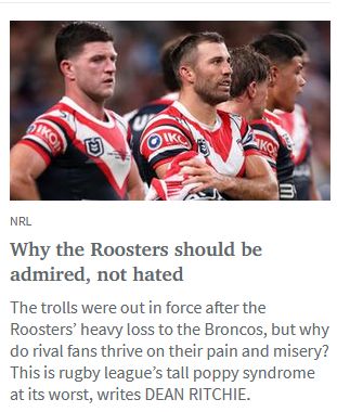 Daily Telegraph article headlined "Why the Roosters should be admired, not hated"